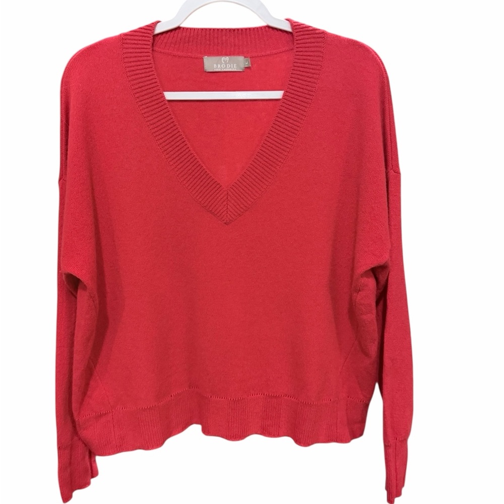 BRODIE Fine Cashmere Sweater Poppy Red V Neck Size Large